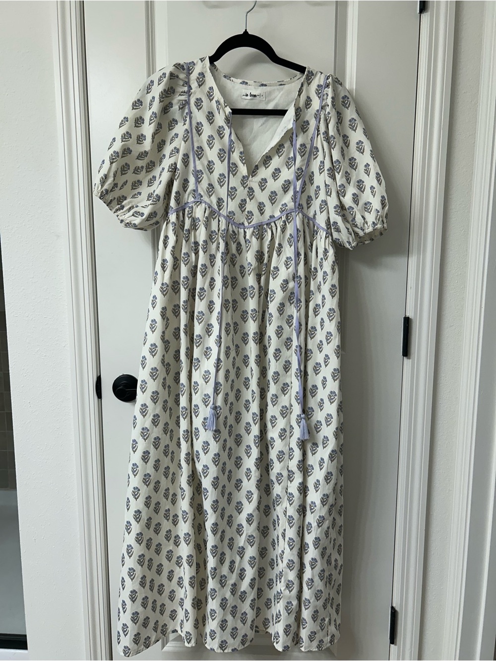 Light Cream Maxi Dress with Blue Floral Motif and Tie Front